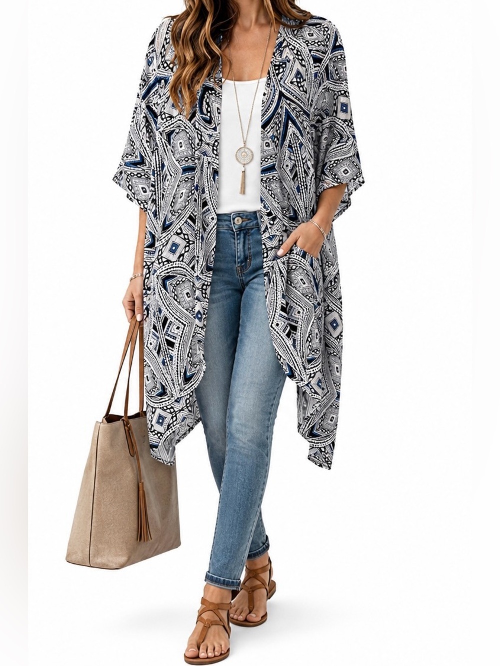 Mossimo Geometric Print Open Front Kimono Cardigan High-Low S/M Boho